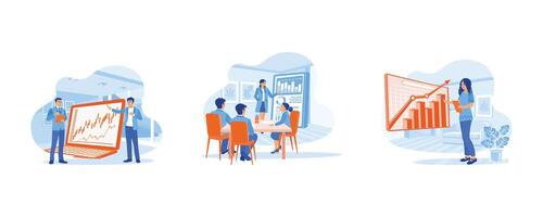 Growth Analysis concept. Analyze stock market charts. Female manager holding a presentation with team.  set flat vector modern illustration