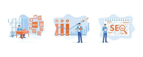 SEO concept. Businessman analyzing ranking marketing. Optimizing the website. Entrepreneurs develop business ideas via the Internet. set flat vector modern illustration