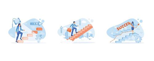 carrera desarrollo concepto. empresario alpinismo escaleras. mujer haciendo negocio estrategia planes conjunto plano vector moderno ilustración