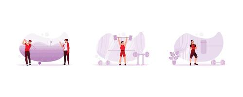 Sports athlete concept. Male and female golfers play golf on the course. Strong and active weightlifter. Professional boxer training in gym room. set flat vector modern illustration
