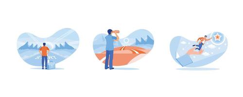 Career Development concept. The man stands on the highway and says START. Businessman standing at the beginning of the road. Businessman reaching for the stars in the sky. vector