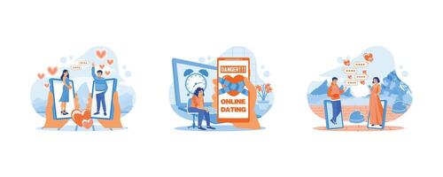 Online dating. Hand holding a cell phone with a heart tied to a ribbon symbol the dangers of online dating. Young couples using mobile phones send and read messages in text bubbles. vector