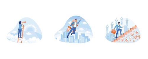 Career Development concept. A woman is standing on stairs using a telescope. Businessman in career advancement concept. Building a successful international business. vector