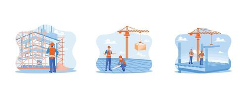 Architect and engineer construction concept. The construction engineer oversees project progress, directing via handy talkie. Crane machine lifting structural steel beams. vector