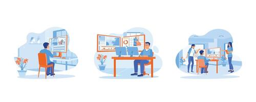 Video Editor concept. Male video editor working in the office. Expert videographers improve video quality. Colleagues discussing video projects. Set Flat vector illustration.