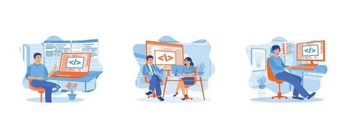 A male designer is developing programming and coding technology on laptop screens. Developing programming and coding technology on computers. Developing software while working at home. vector