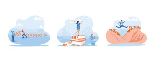 Self-improvement concept. I am turning the impossible into possible and standing on a pile of books. Jump from the past to the future. set flat vector modern illustration