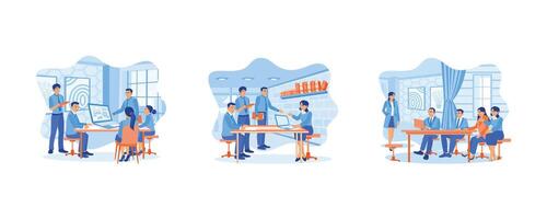 A group of business people are using laptops during meetings. Discussing and planning business projects in the office. Business people in office workplace. set flat vector illustration.