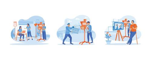 Video Editor concept. Cameraman with assistant and female model working. Man holding a film clapper and a camera operator and filming a music event. Set Flat vector illustration.