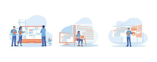 APP devs concept. IT expert working in modern office. Website coding standards. Binary and data on the digital tablet screen. set flat vector modern illustration