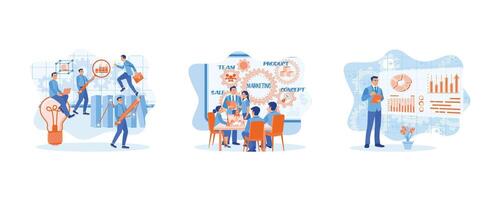 Business team working in modern office. A diverse business team creates and discusses marketing plans during meetings. Marketing concept. set flat vector illustration.