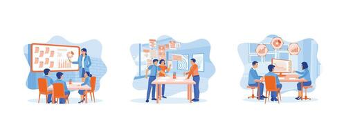 Female manager leading meeting in office. Developing mobile application software in modern office. A group of business people analyze data using computers .set flat illustration. vector
