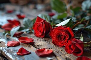 AI generated Valentines Day with roses and hearts on wooden board photo