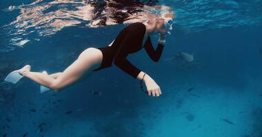 donna apneista riposo su il superficie e tuffo per il in profondità nel un' tropicale blu mare a Maldive video