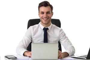 AI generated Smiling businessman working on laptop in office photo