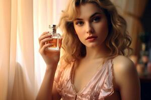 Young woman with perfume bottle at home. photo