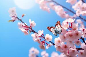ai generado sakura rama con azul mariposa en contra azul cielo foto