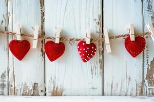 ai generado rojo corazones en cuerda con pinzas para la ropa en blanco antecedentes foto