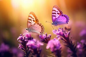 ai generado hermosa lavanda flores y mariposas en naturaleza foto