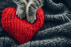 AI generated Valentine's Day cat with red knitted heart on postcard photo