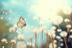 AI generated Dandelion and butterfly with blowing seeds photo