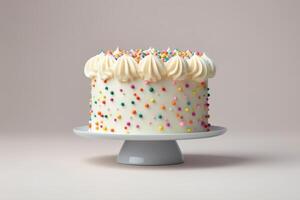 AI generated Colorful vanilla buttercream Birthday cake on neutral background. photo