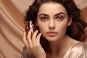 Woman with perfect makeup holding perfume bottle. photo