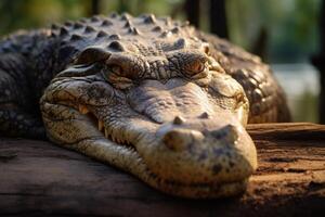 AI generated Sleeping crocodiles closeup face on land. photo