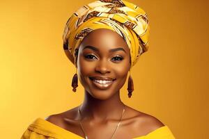 sonriente africano mujer en nacional disfraz en amarillo antecedentes foto