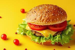 AI generated Delicious fish burger with tomatoes  cheese slices and fresh lettuce on yellow and red background photo