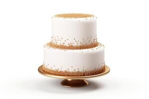 AI generated White wedding cake with gold sprinkles on white background. photo