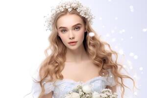 Beautiful woman in princess gown with baby breath flowers photo