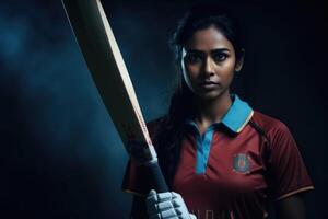 AI generated Indian female cricketer with cricket bat portrait. photo