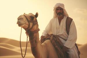 ai generado hombre vistiendo tradicional ropa tomando un camello fuera en el Desierto arena en dubai foto