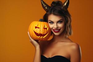 Cheerful woman with devil horns holding pumpkin, smiling photo