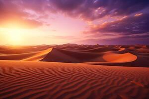 ai generado puesta de sol terminado el arena dunas Sáhara Desierto Marruecos África foto
