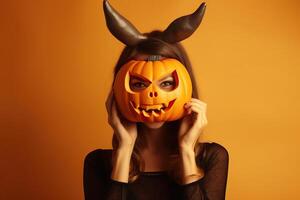 Cheerful woman with devil horns holding pumpkin, smiling photo