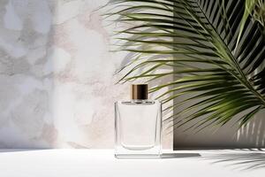 ai generado transparente perfume botella con blanco etiqueta en Roca lámina. foto