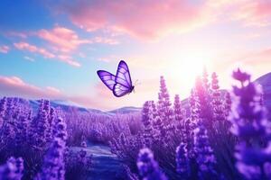 AI generated Lavender flowers and butterfly in summer morning photo