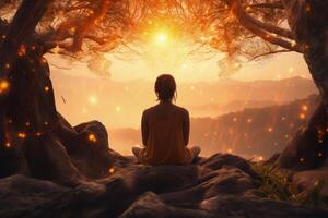 ai generado mujer meditando debajo árbol abrazando iluminación y chakra apertura. foto