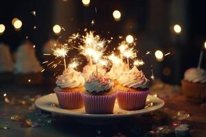 AI generated Cupcakes with sparklers on cake stand. photo