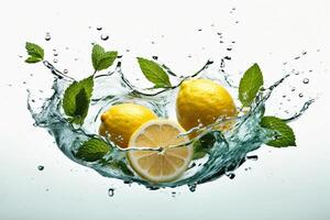 AI generated Fresh lemon and mint falling into water with splash, isolated on white background photo