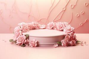 AI generated Product showcase with pink roses on pink background. photo