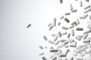 AI generated Falling Pills on White Background with Selective Focus photo