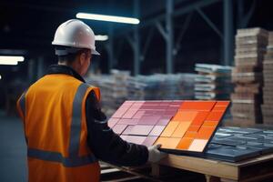 AI generated Factory worker inspecting ceramic tiles for construction industry. photo