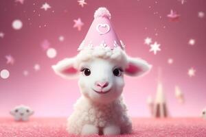 AI generated Cartoon sheep celebrates Eid Adha or birthday with a smile. photo