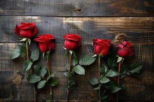 AI generated Valentine's Day Red roses on wooden background photo