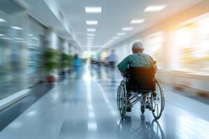 AI generated Blurry background with patient on wheelchair  nurse  and World Disability Day. photo