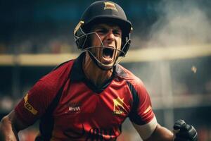 AI generated Aggressive cricket player celebrates tournament victory. photo