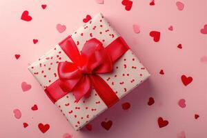 AI generated Pink gift box with red bow on pink background photo